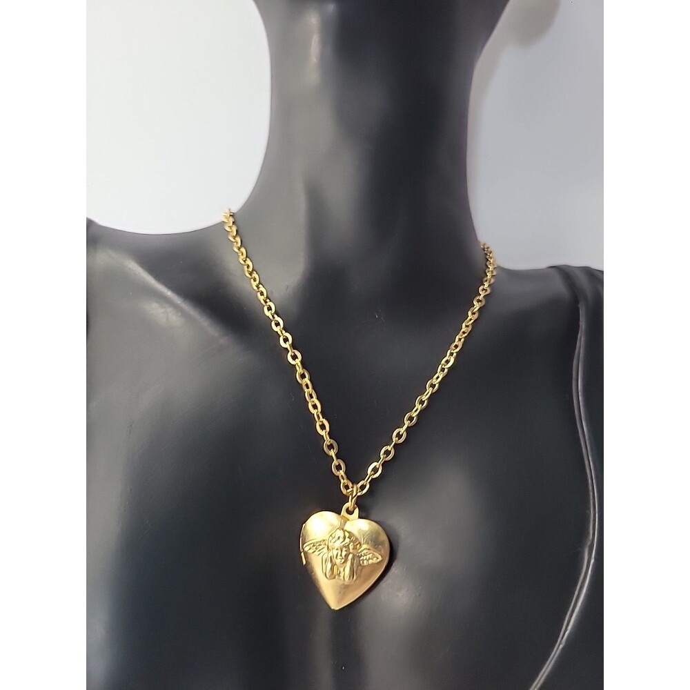 Gold Tone Heart Locket Necklace Angel Cherub Pendant Vintage Style Keepsake Gift